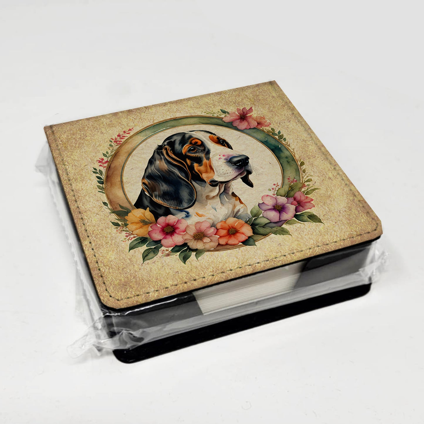 Basset Hound and Flowers PU Leather Note Paper Holder