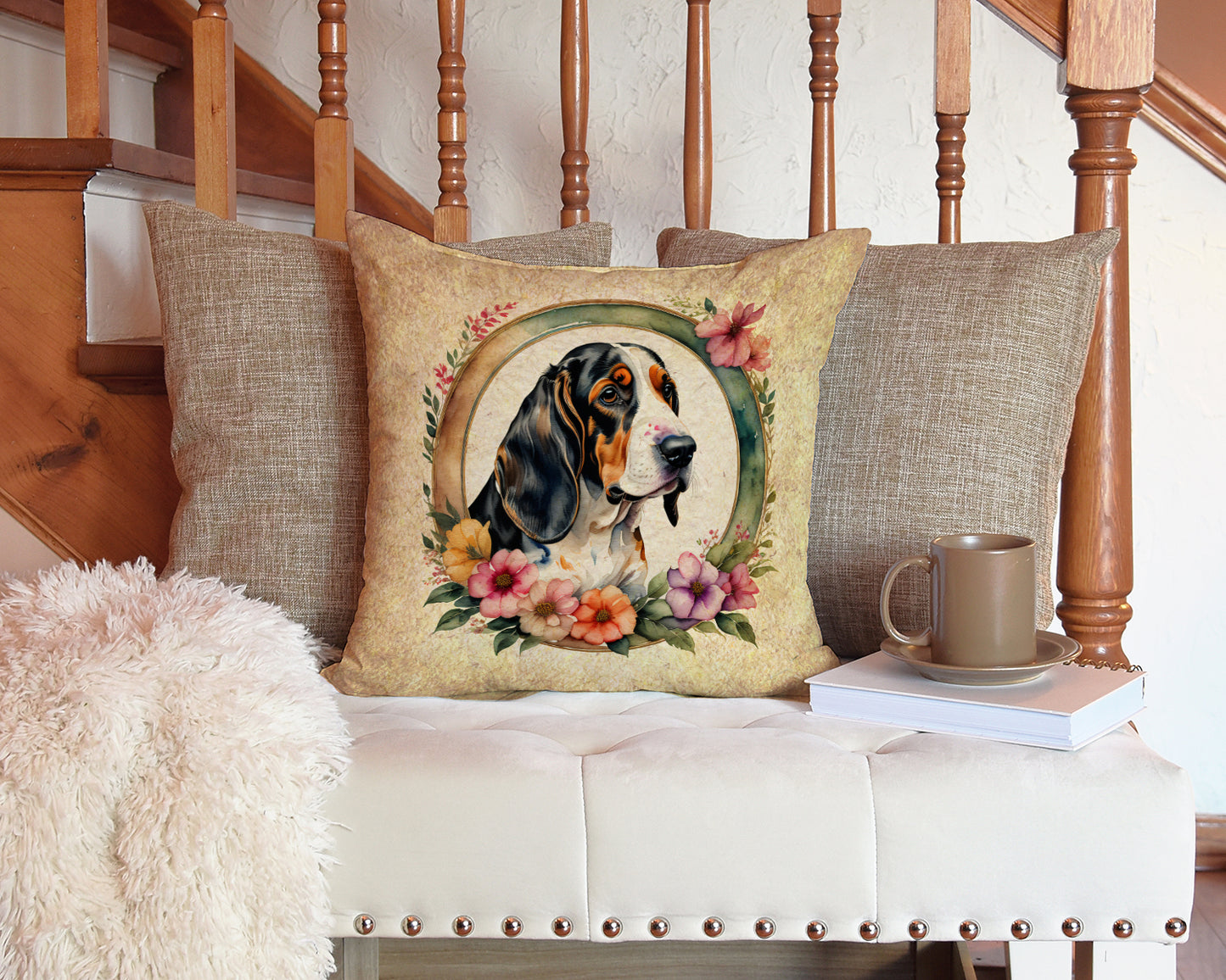 Basset Hound and Flowers Throw Pillow