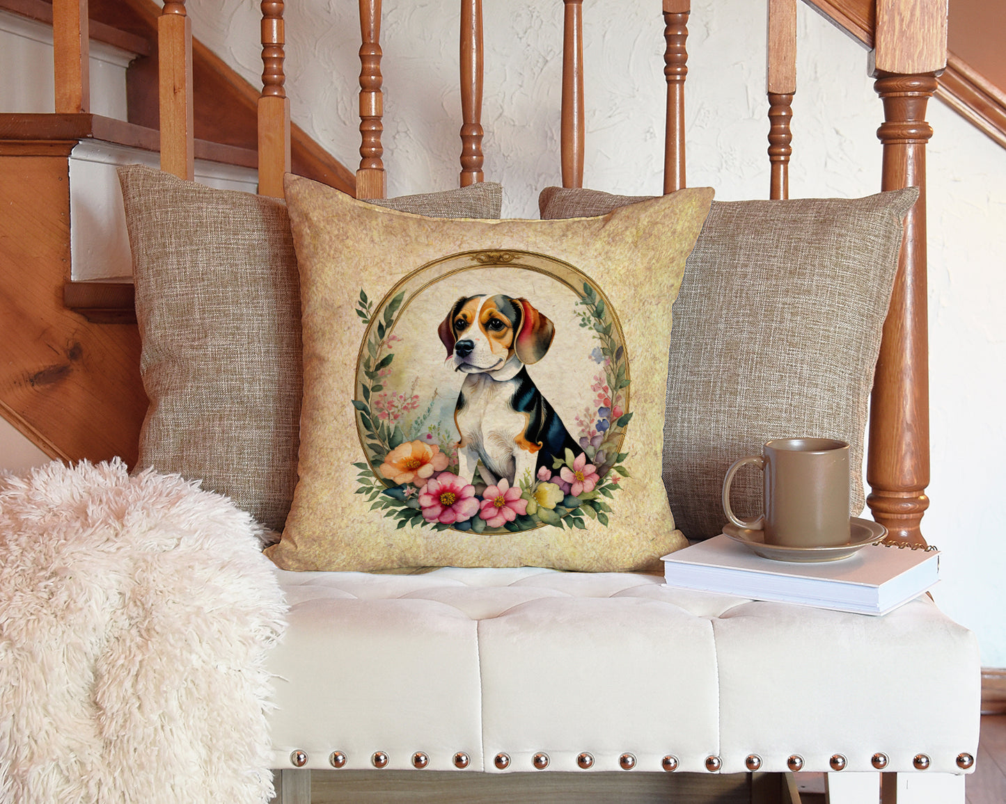 Beagle and Flowers Throw Pillow