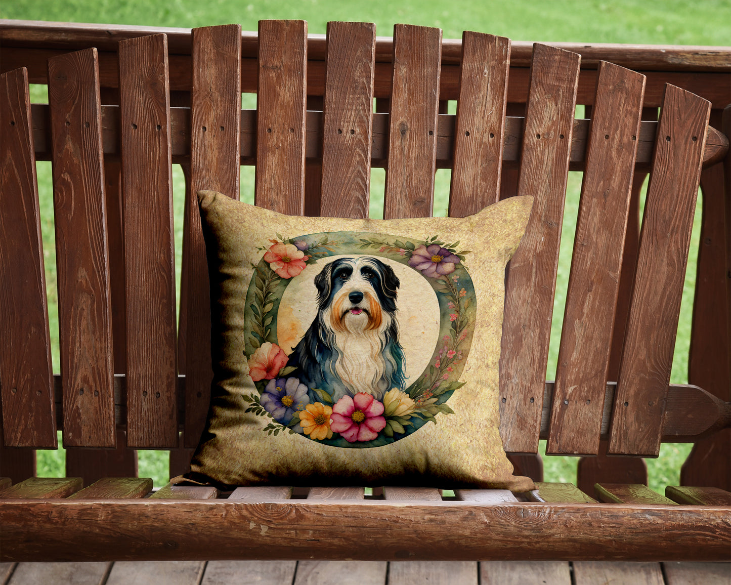 Bearded Collie and Flowers Throw Pillow