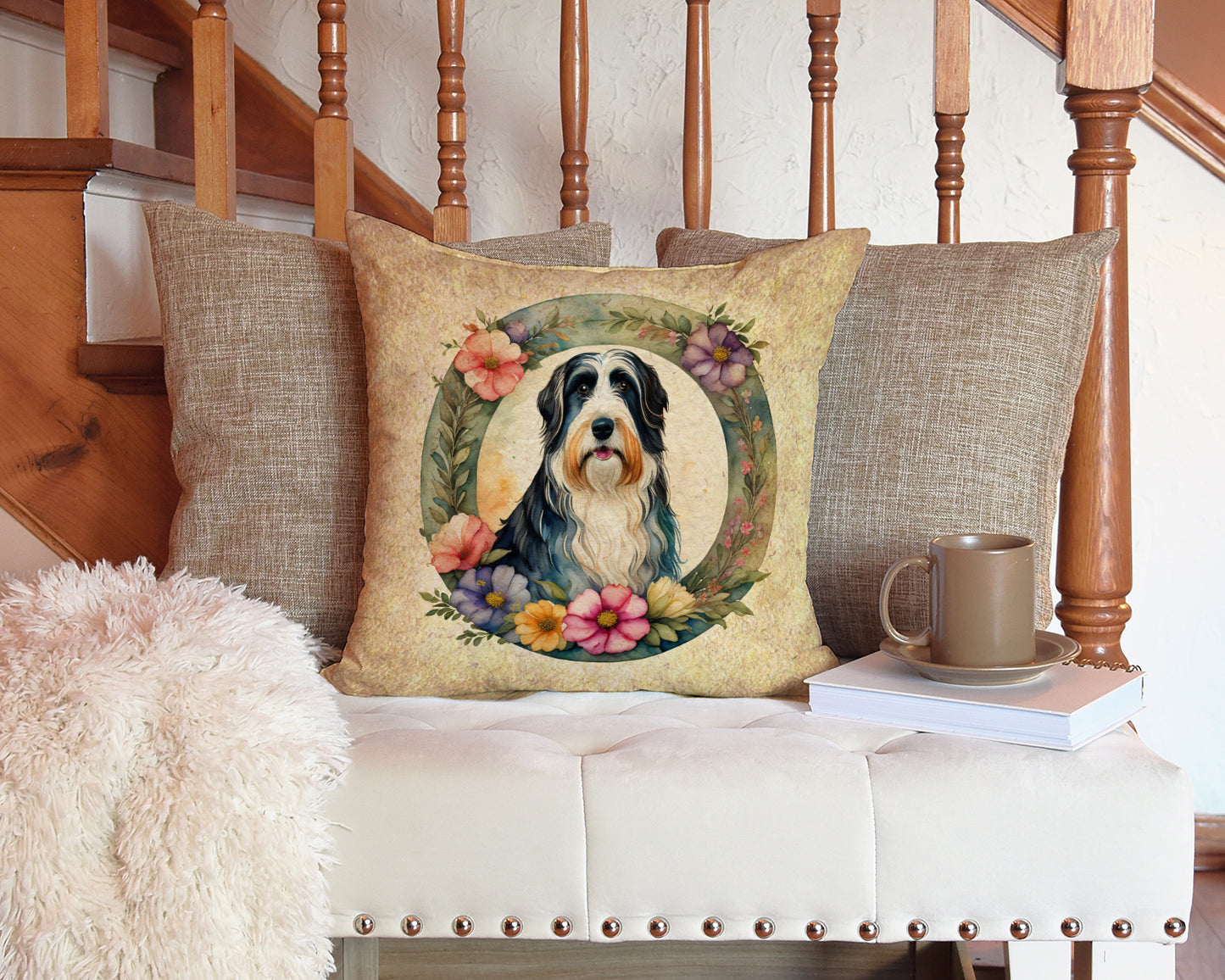 Bearded Collie and Flowers Throw Pillow