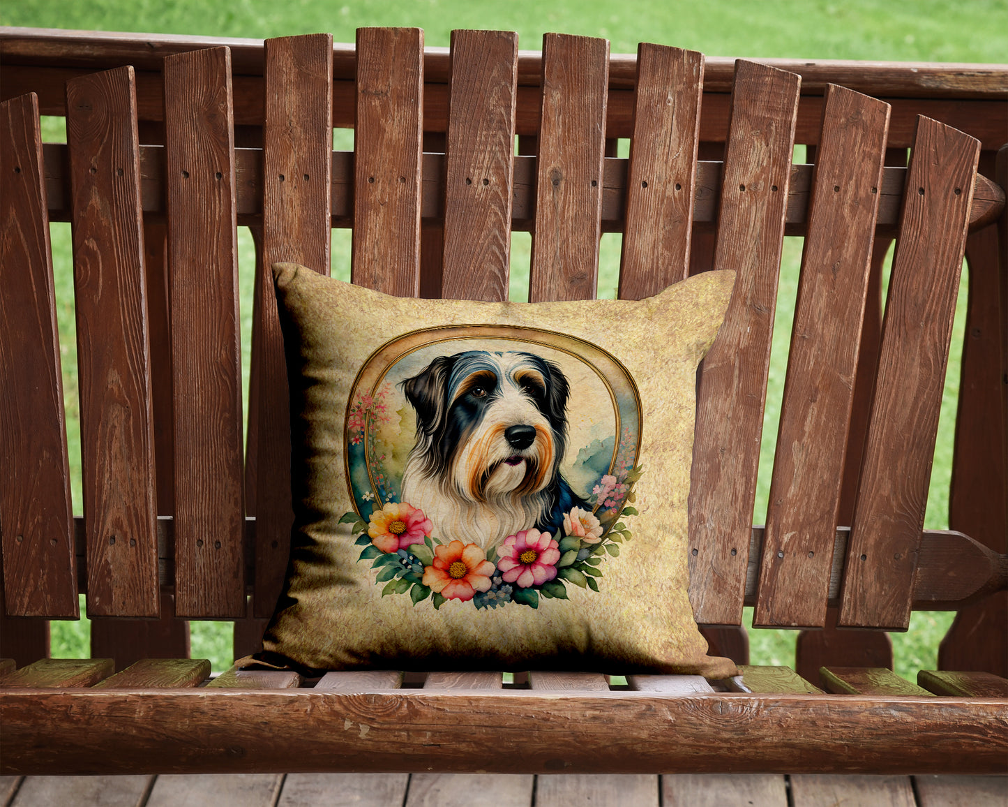 Bearded Collie and Flowers Throw Pillow