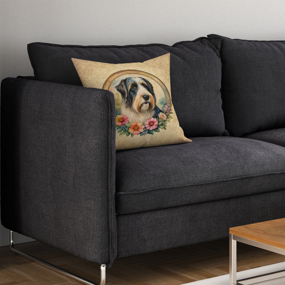 Bearded Collie and Flowers Throw Pillow