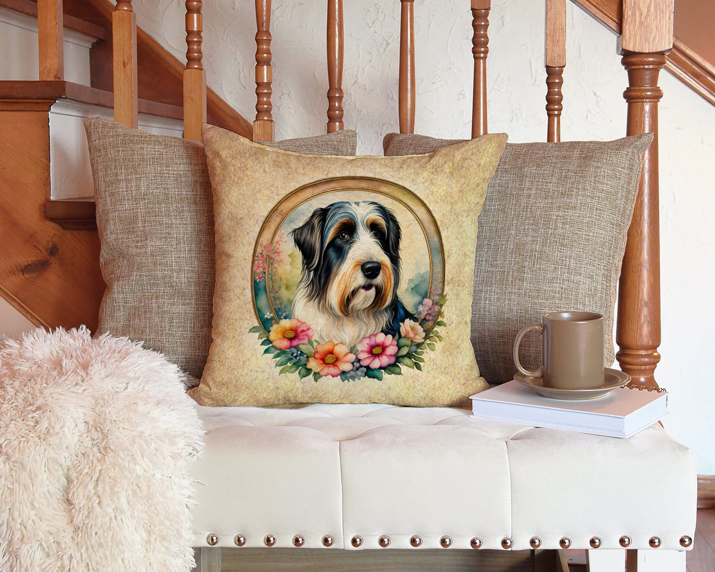 Bearded Collie and Flowers Throw Pillow