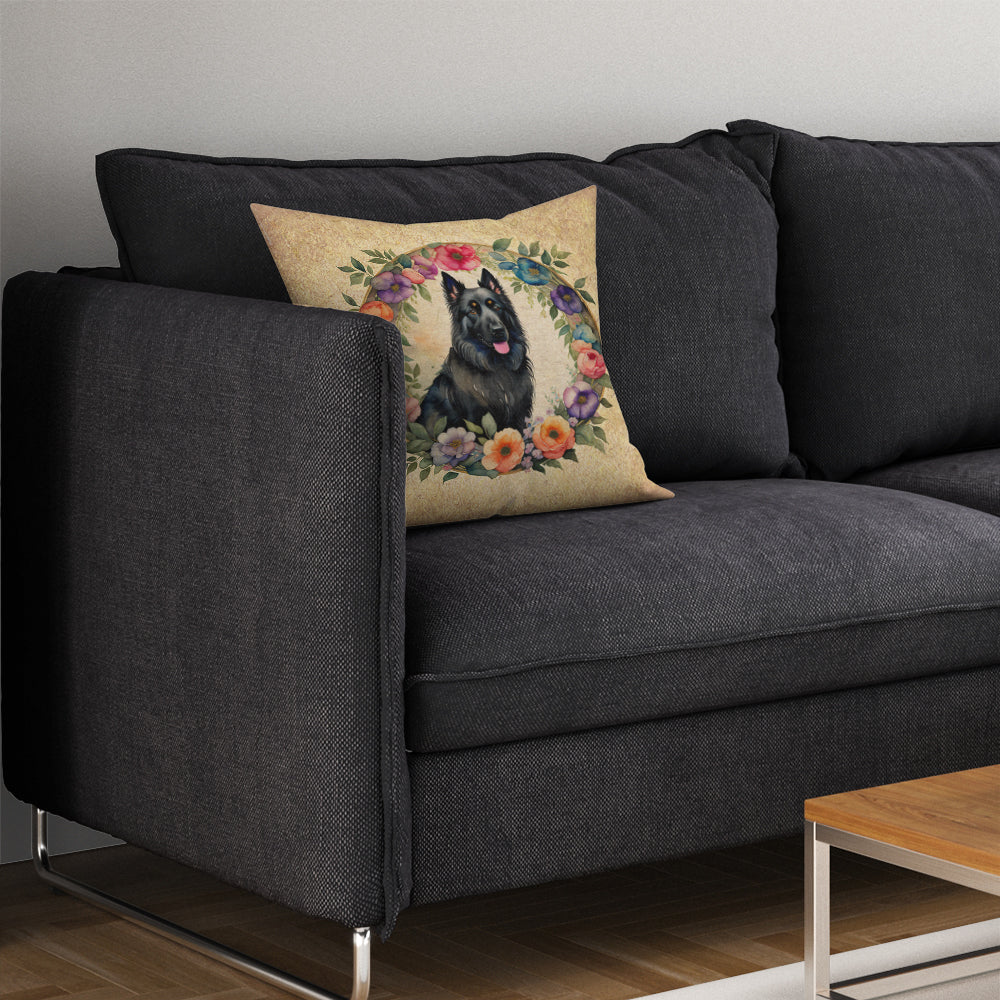 Belgian Sheepdog and Flowers Throw Pillow