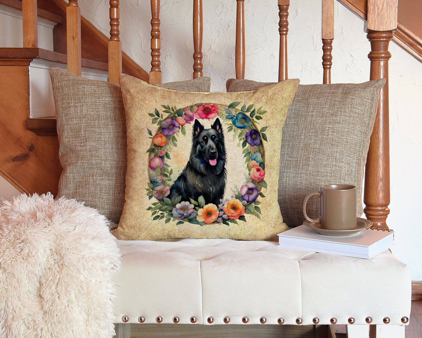 Belgian Sheepdog and Flowers Throw Pillow