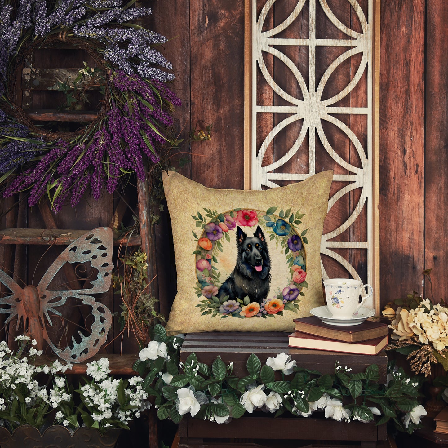 Belgian Sheepdog and Flowers Throw Pillow