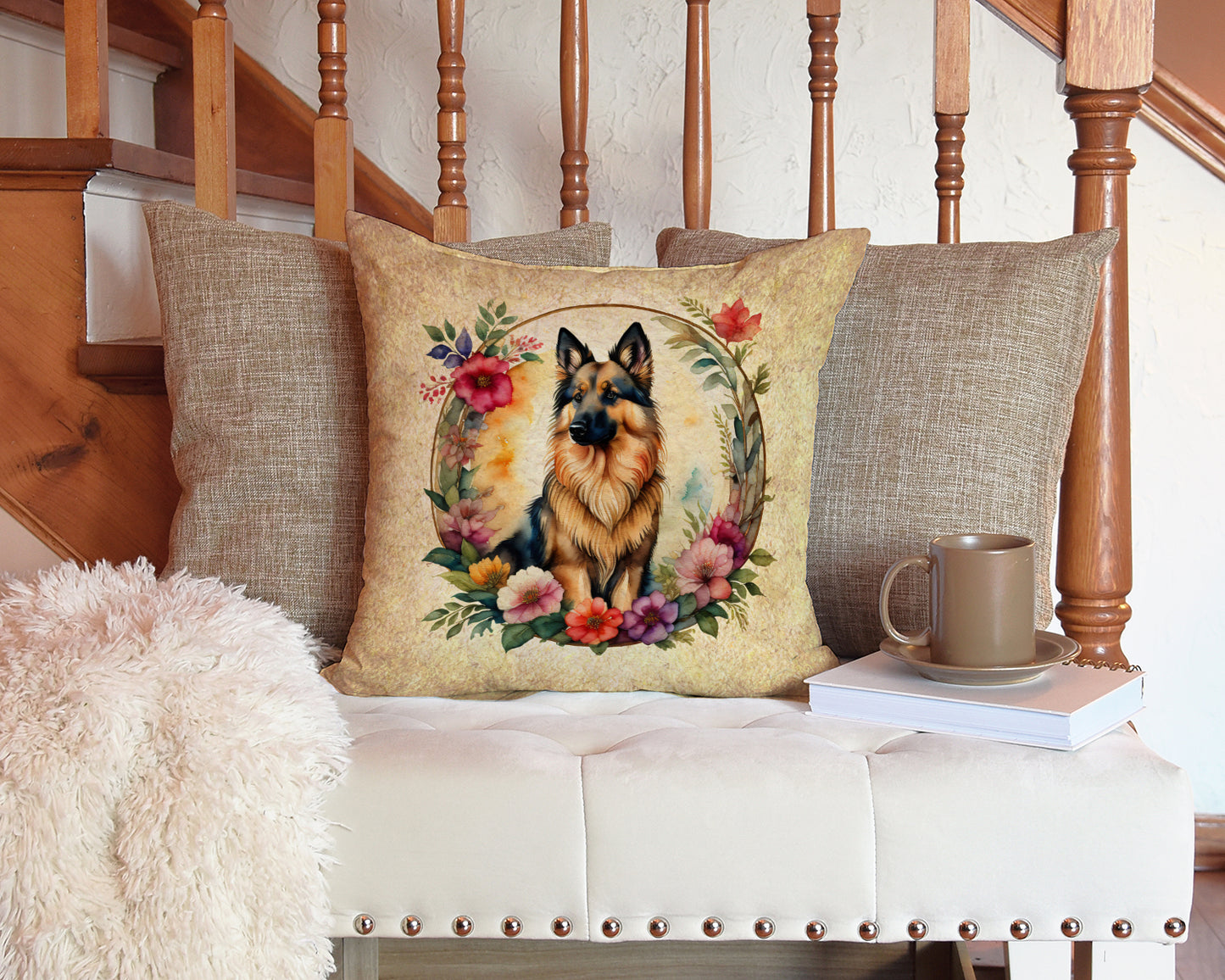 Belgian Tervuren and Flowers Throw Pillow