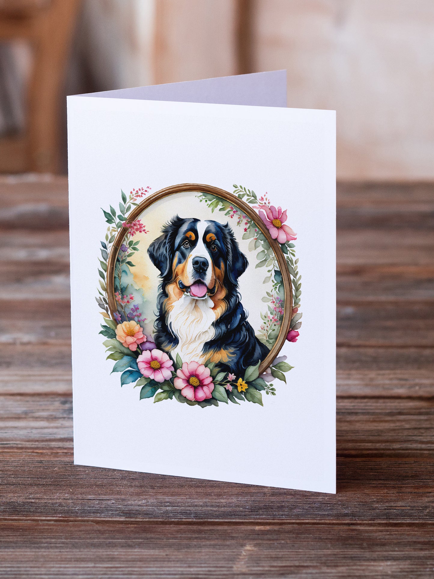Bernese Mountain Dog and Flowers Greeting Cards Pack of 8