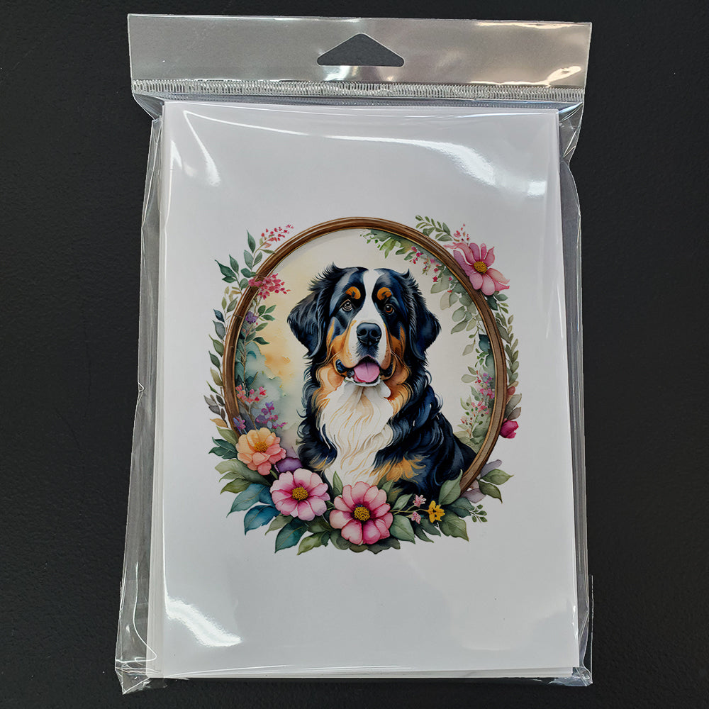 Bernese Mountain Dog and Flowers Greeting Cards Pack of 8