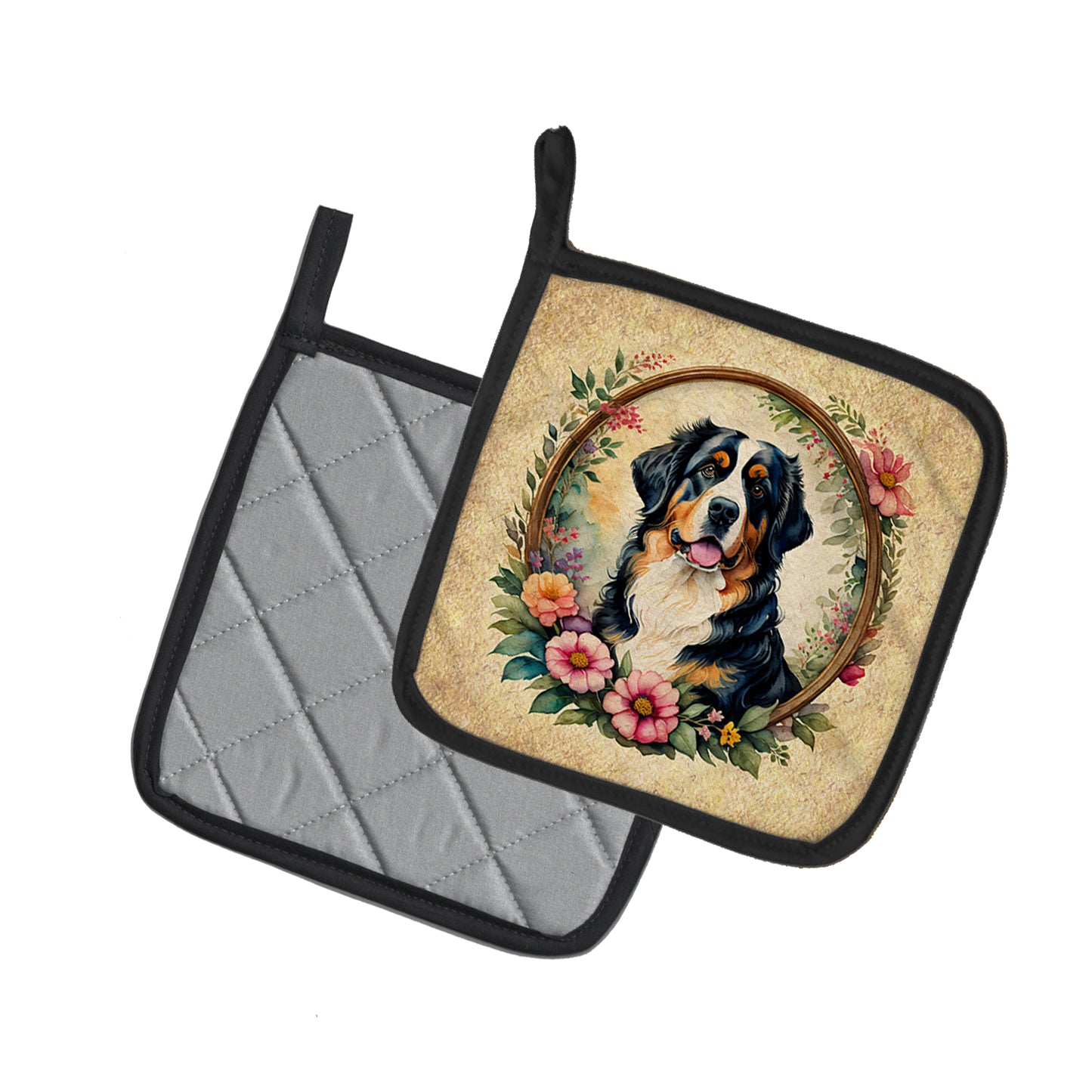Bernese Mountain Dog and Flowers Pair of Pot Holders