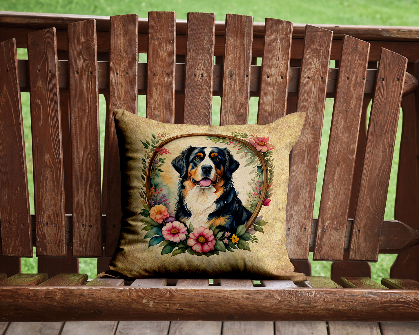 Bernese Mountain Dog and Flowers Throw Pillow