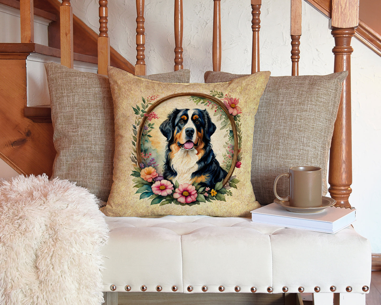 Bernese Mountain Dog and Flowers Throw Pillow