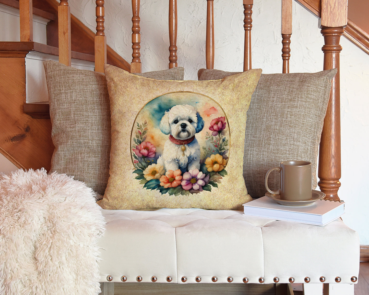 Bichon Frise and Flowers Throw Pillow