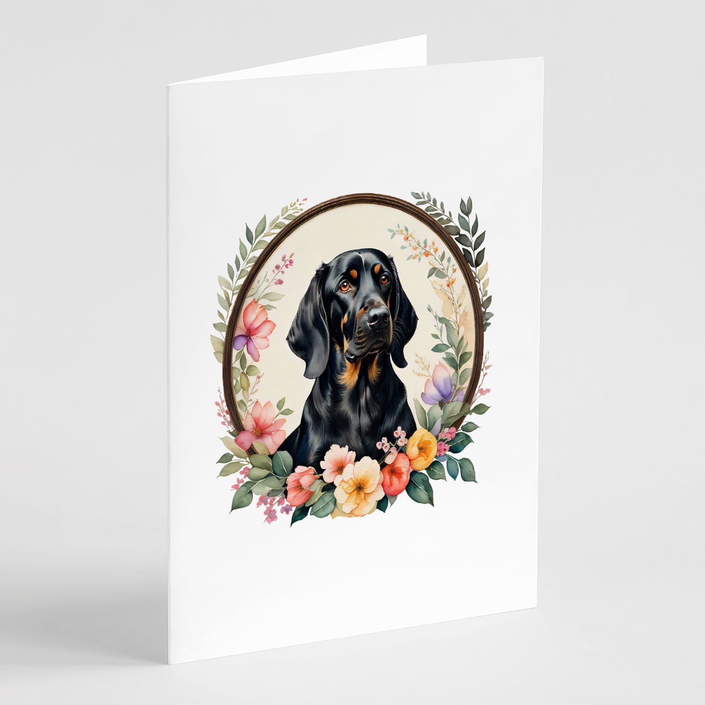 Buy this Black and Tan Coonhound and Flowers Greeting Cards Pack of 8