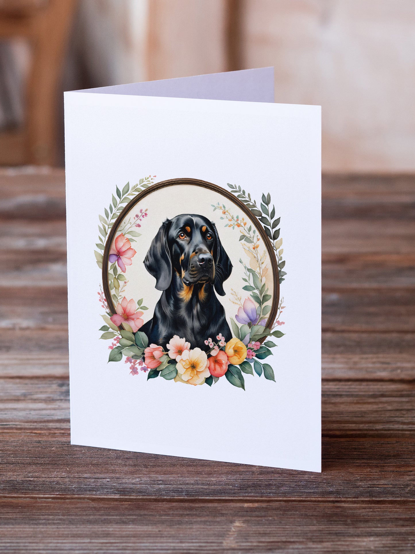 Black and Tan Coonhound and Flowers Greeting Cards Pack of 8