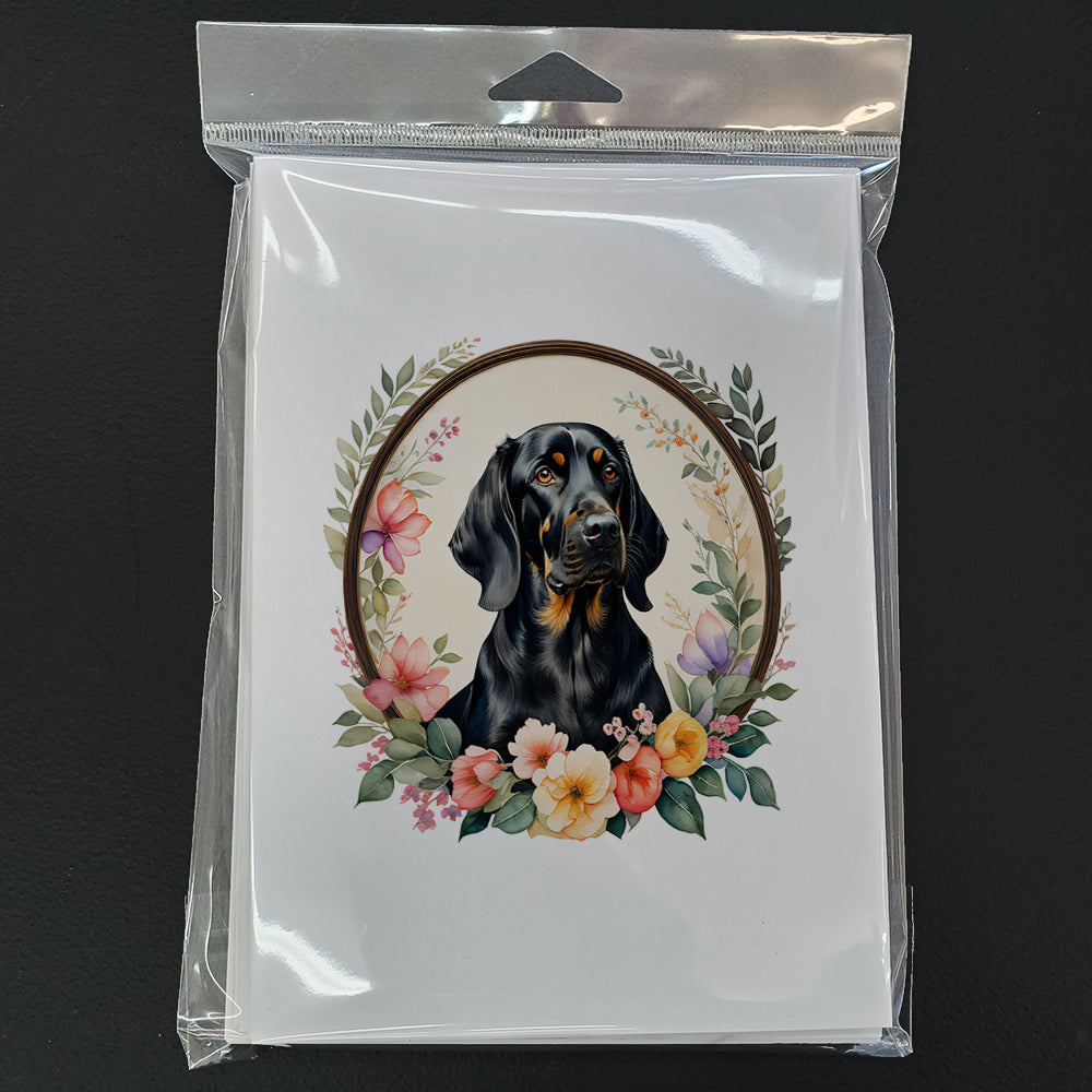 Black and Tan Coonhound and Flowers Greeting Cards Pack of 8