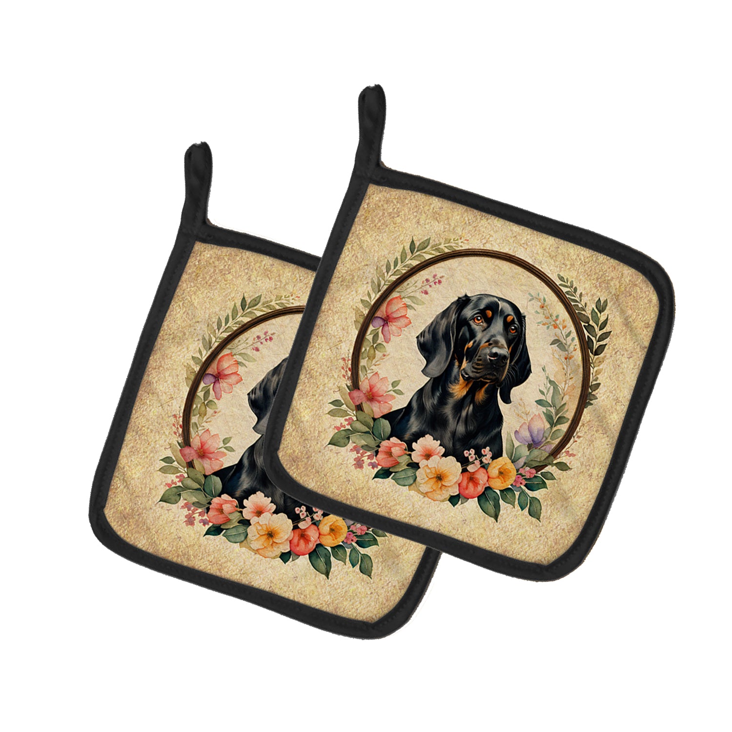 Buy this Black and Tan Coonhound and Flowers Pair of Pot Holders