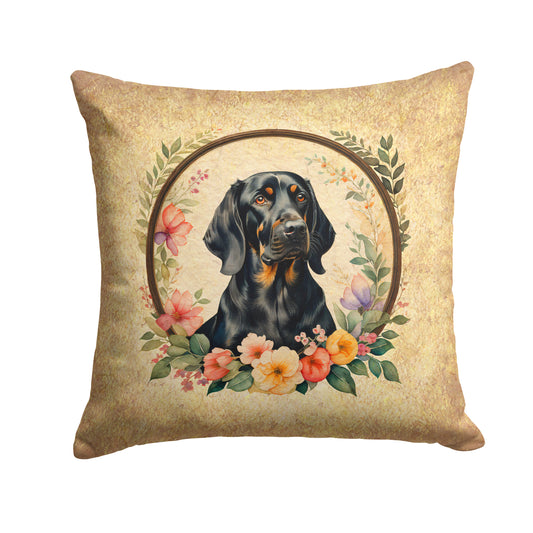 Buy this Black and Tan Coonhound and Flowers Throw Pillow