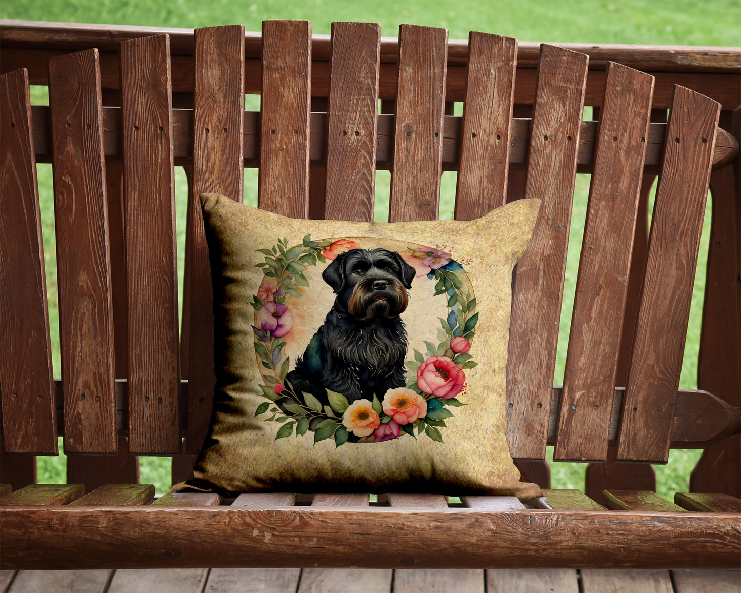 Black Russian Terrier and Flowers Throw Pillow