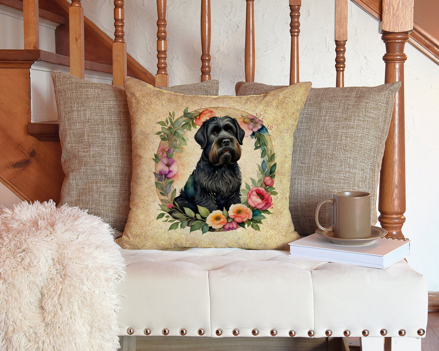 Black Russian Terrier and Flowers Throw Pillow