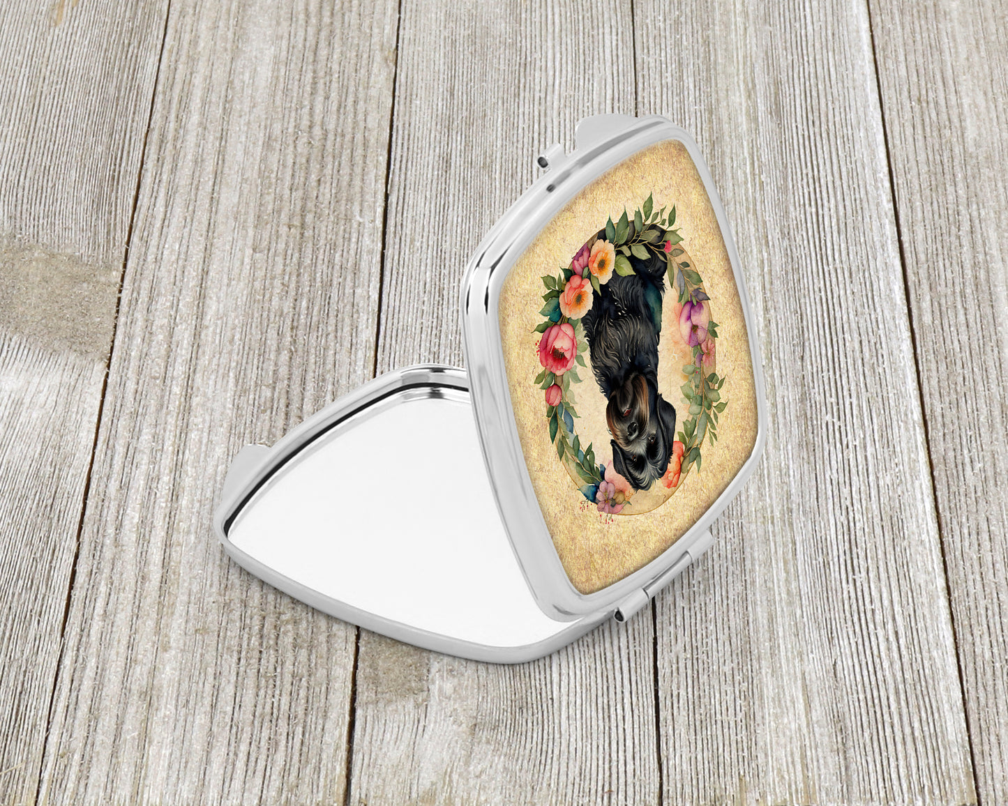 Black Russian Terrier and Flowers Compact Mirror
