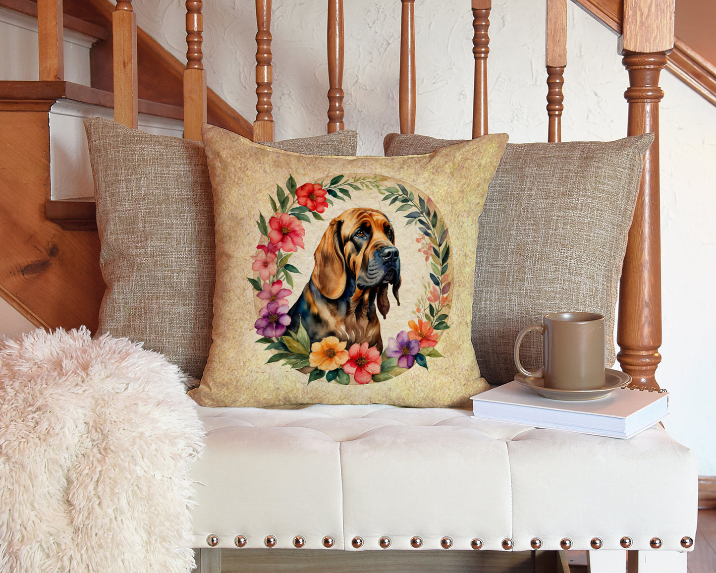 Bloodhound and Flowers Throw Pillow