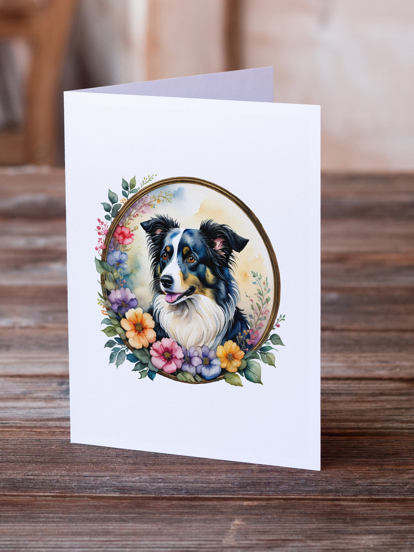 Border Collie and Flowers Greeting Cards Pack of 8