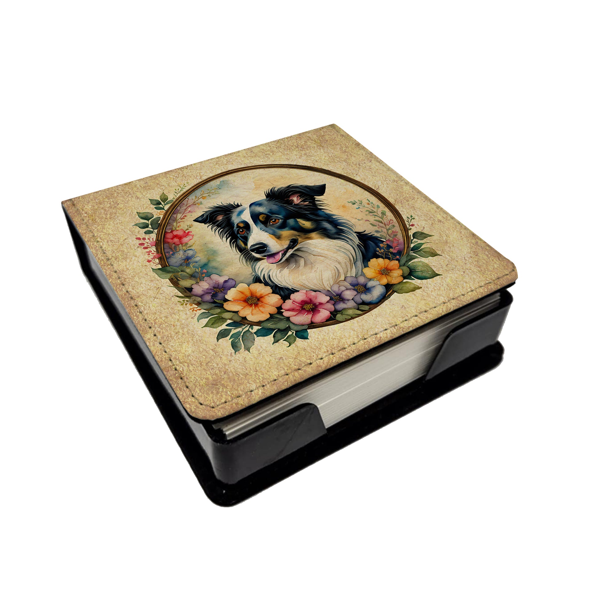 Buy this Border Collie and Flowers PU Leather Note Paper Holder