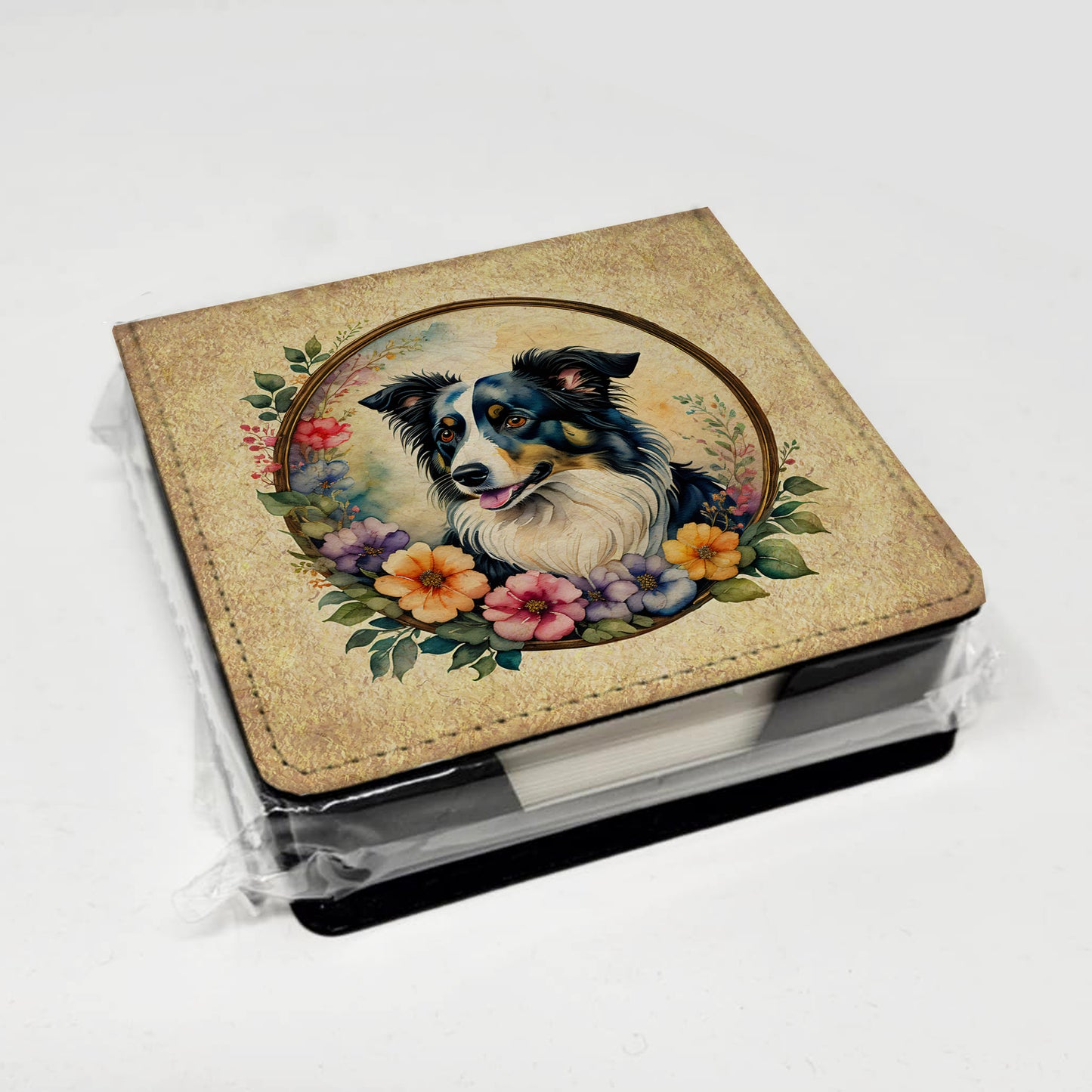 Border Collie and Flowers PU Leather Note Paper Holder