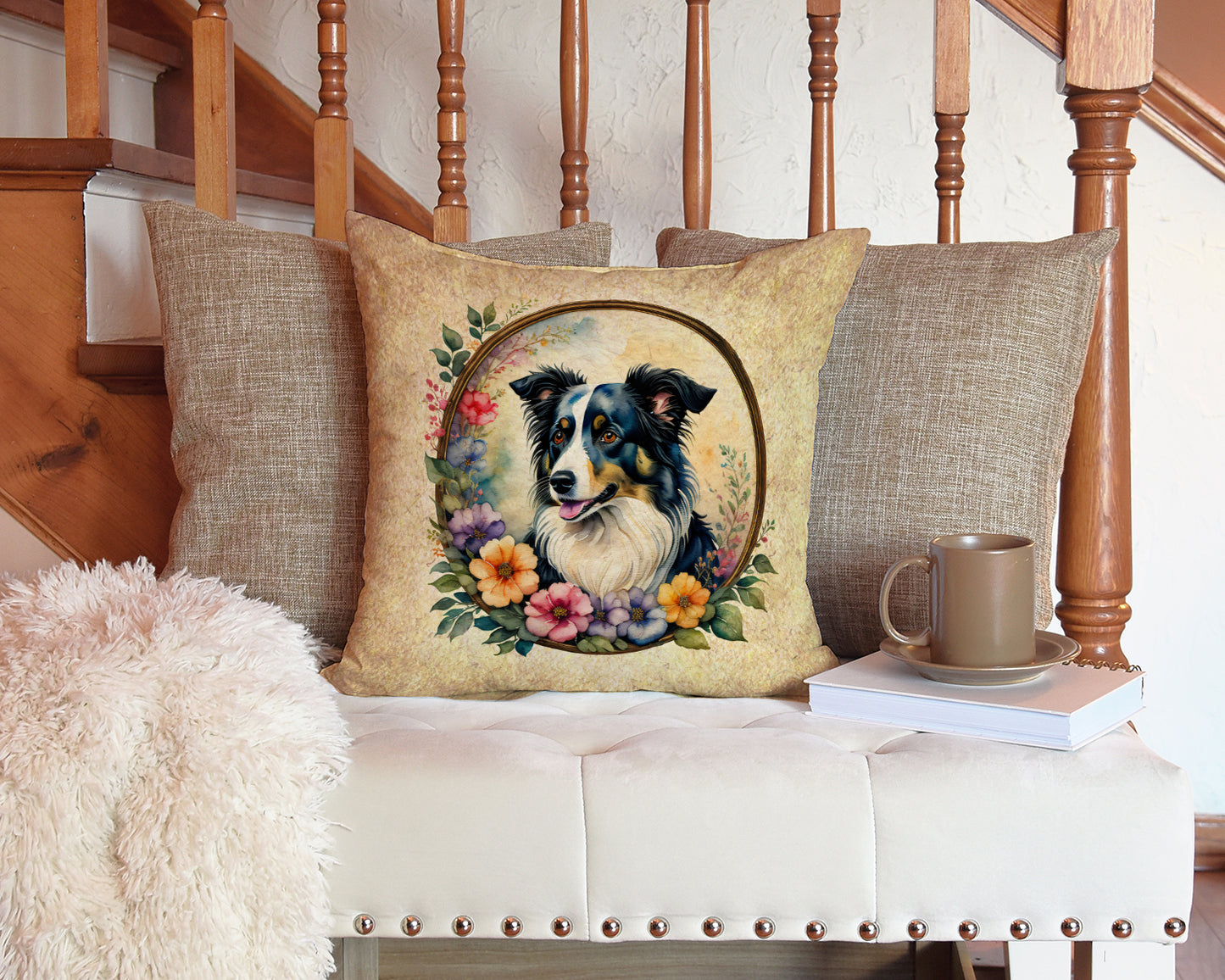 Border Collie and Flowers Throw Pillow