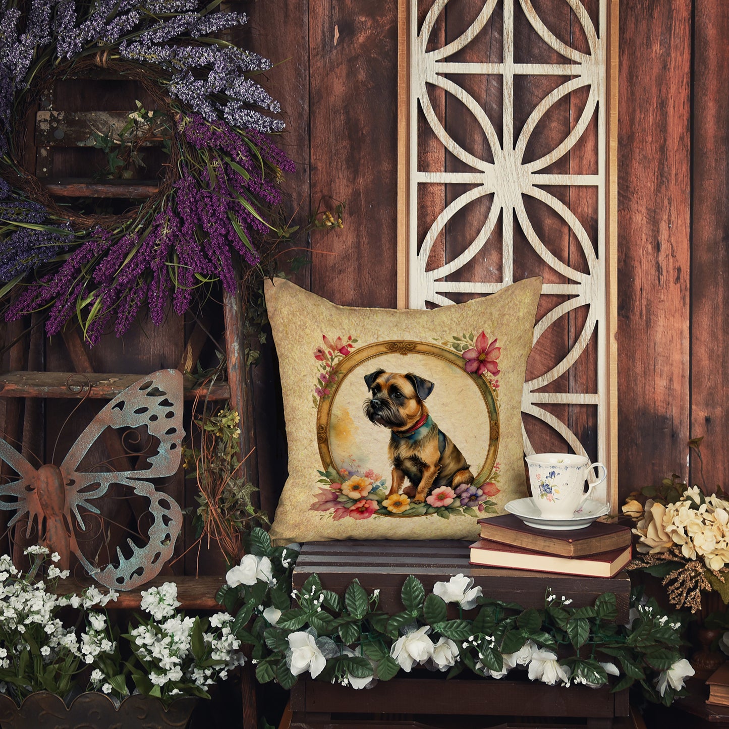 Border Terrier and Flowers Throw Pillow