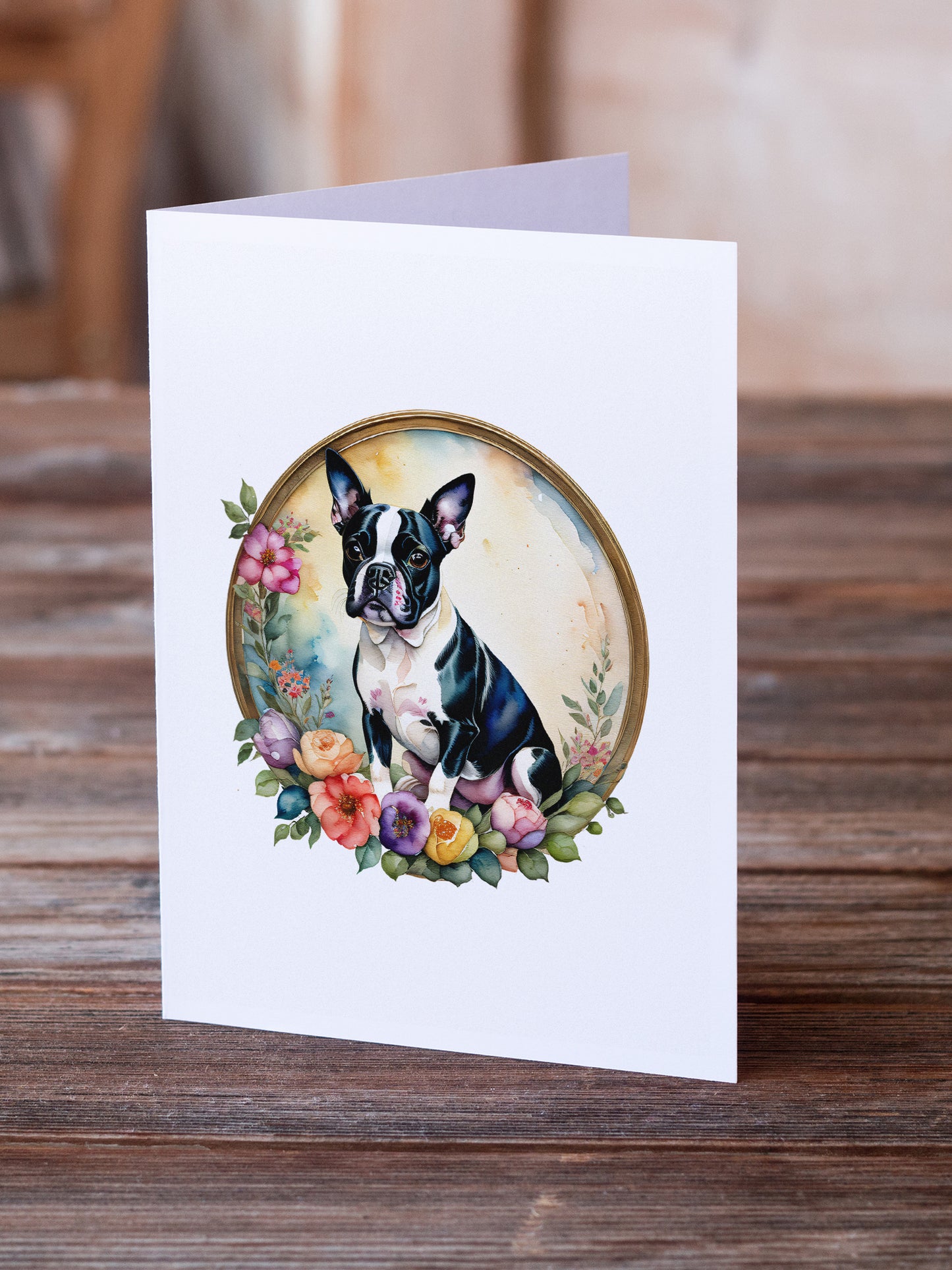 Boston Terrier and Flowers Greeting Cards Pack of 8