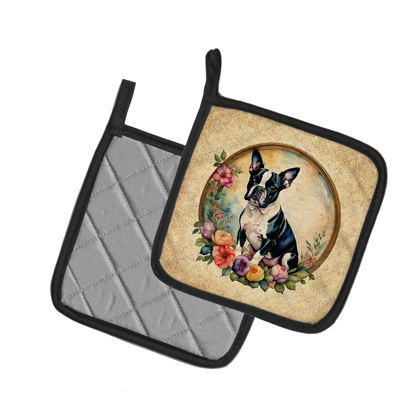 Boston Terrier and Flowers Pair of Pot Holders