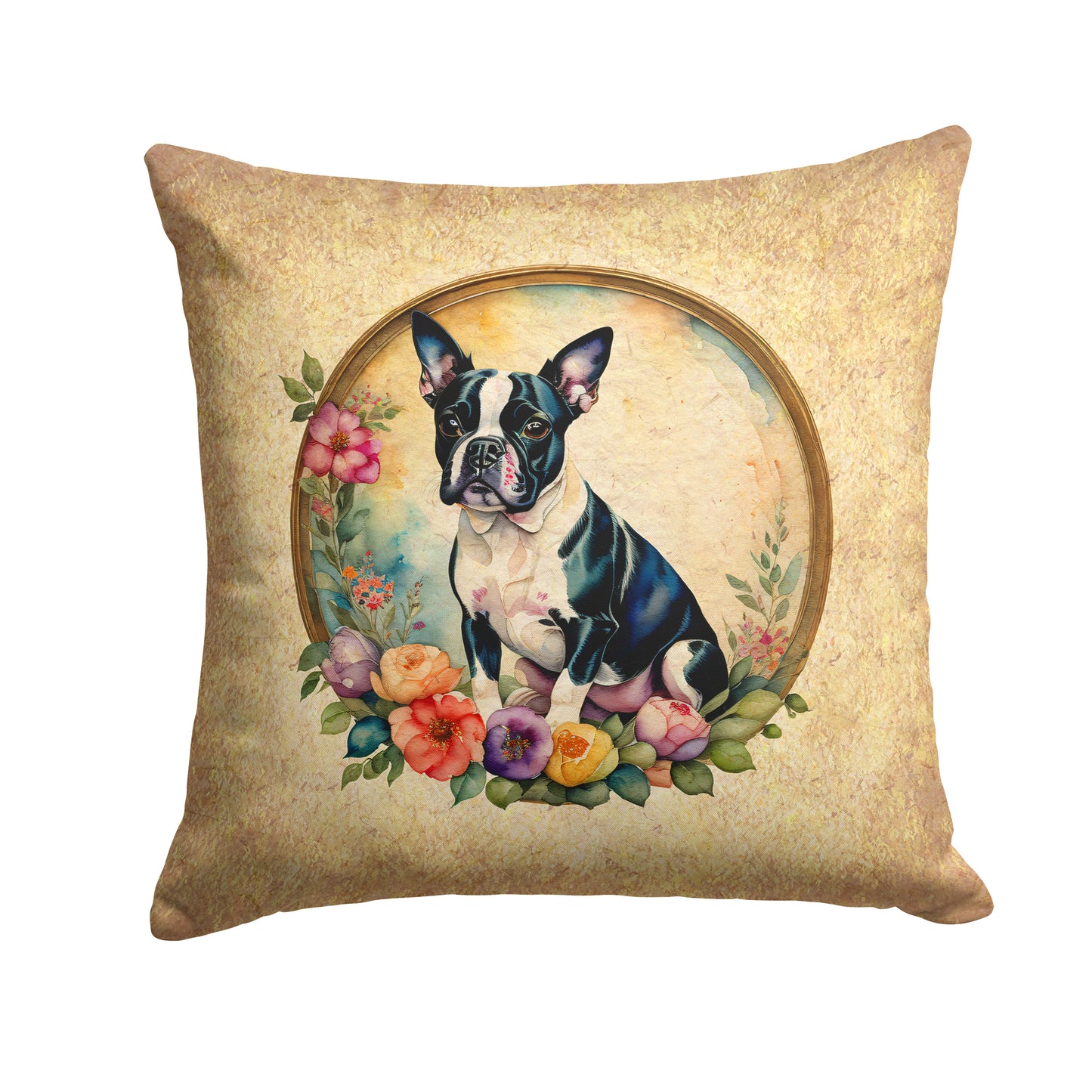 Buy this Boston Terrier and Flowers Throw Pillow