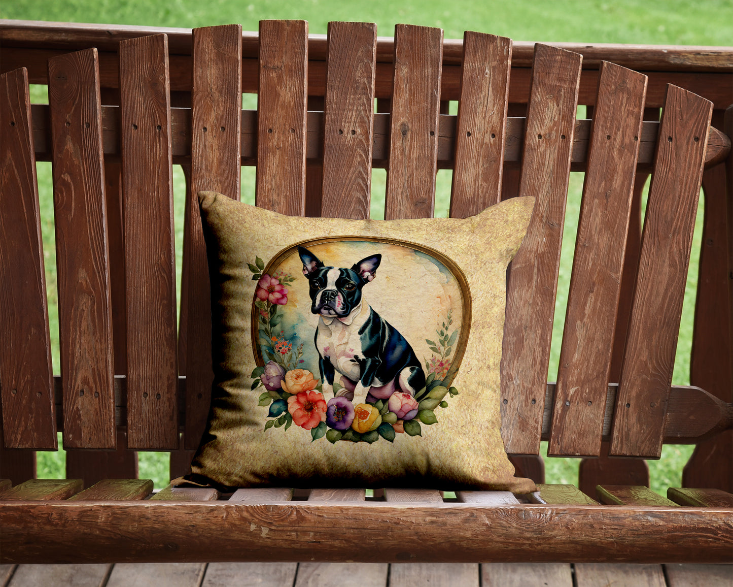 Boston Terrier and Flowers Throw Pillow