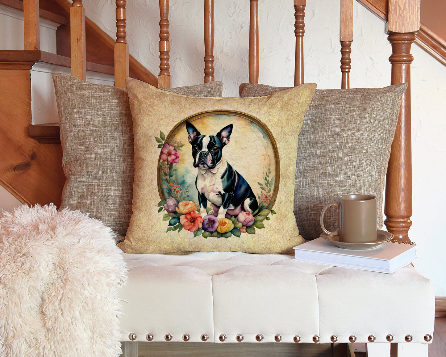 Boston Terrier and Flowers Throw Pillow