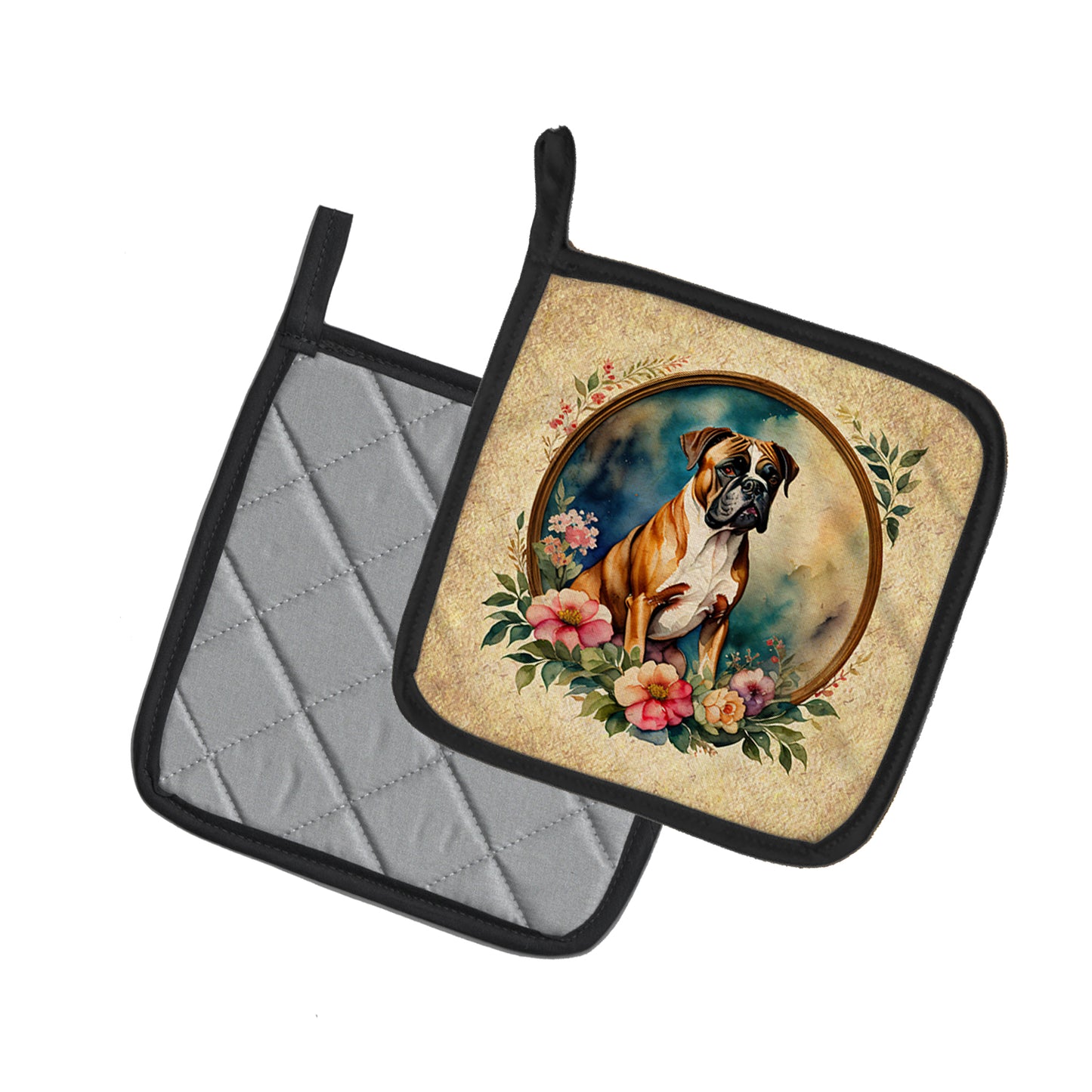 Boxer and Flowers Pair of Pot Holders
