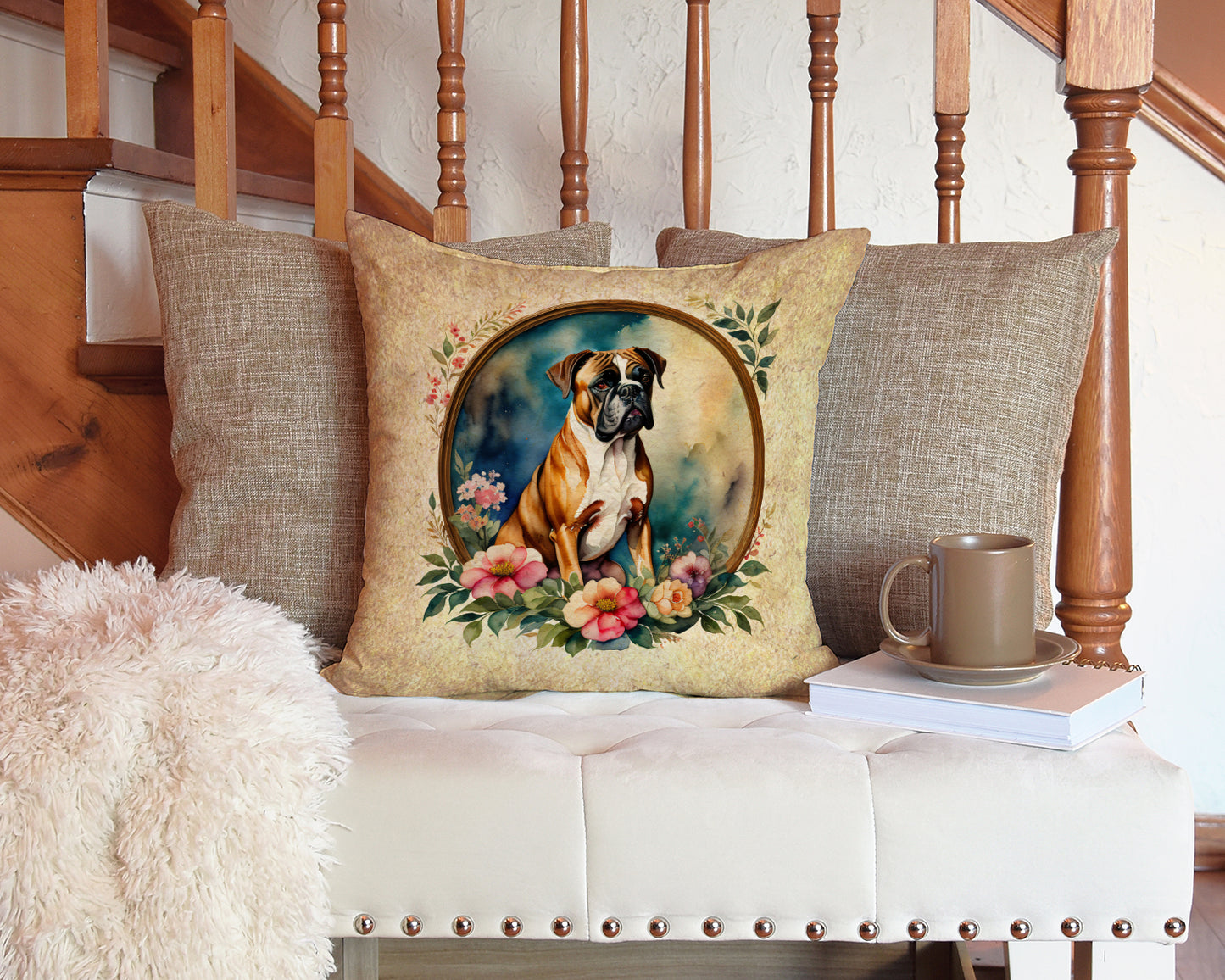 Boxer and Flowers Throw Pillow