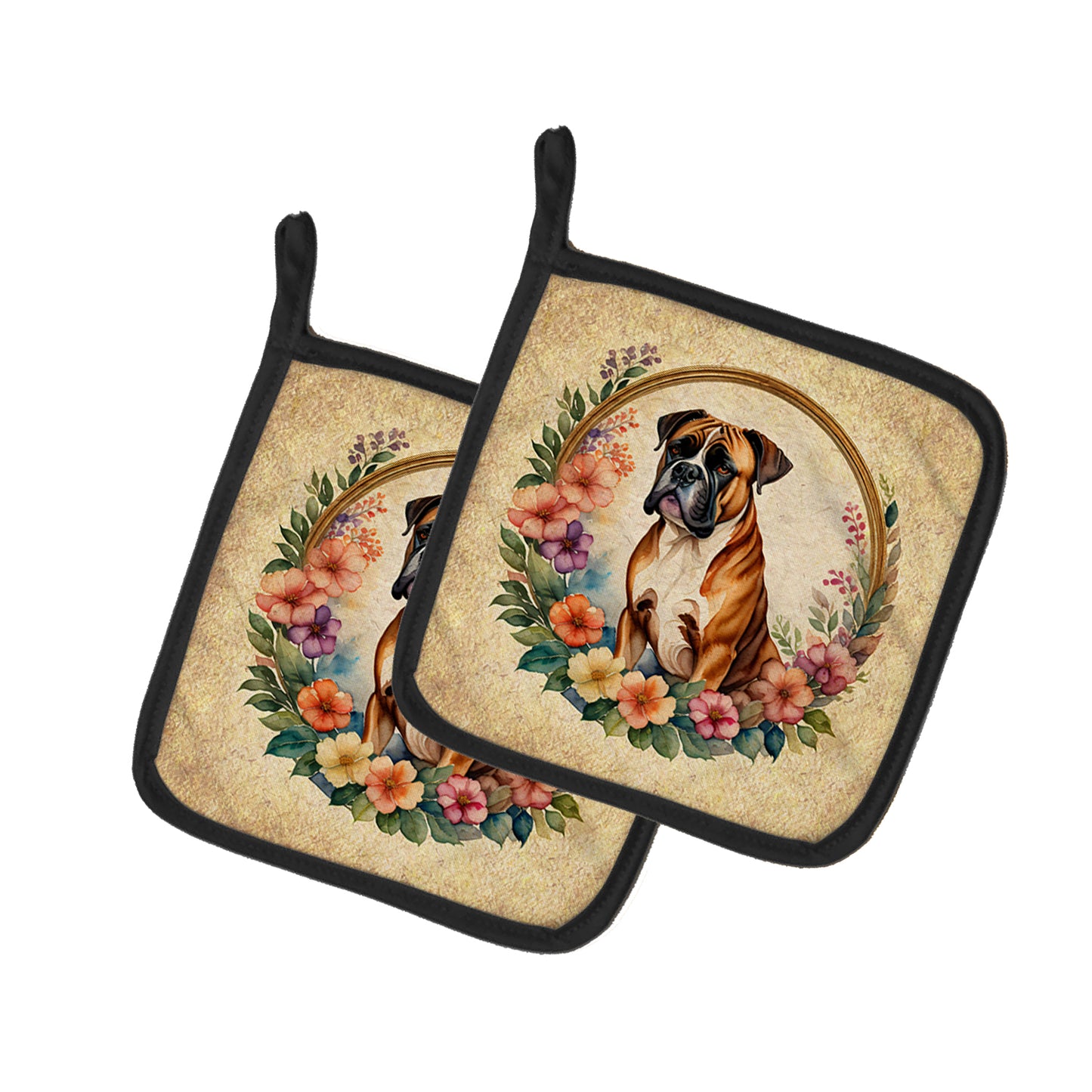 Buy this Boxer and Flowers Pair of Pot Holders