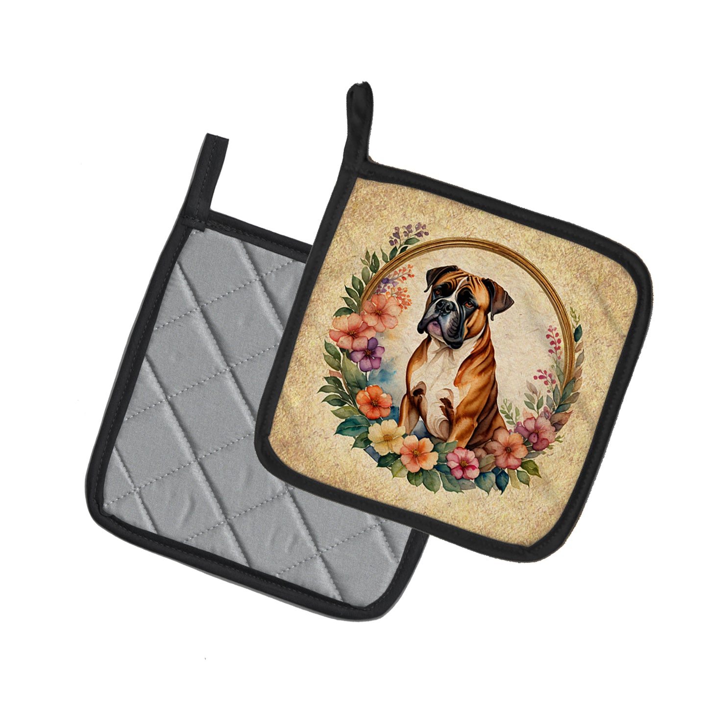 Boxer and Flowers Pair of Pot Holders