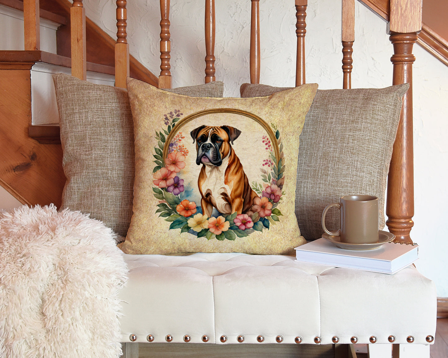 Boxer and Flowers Throw Pillow