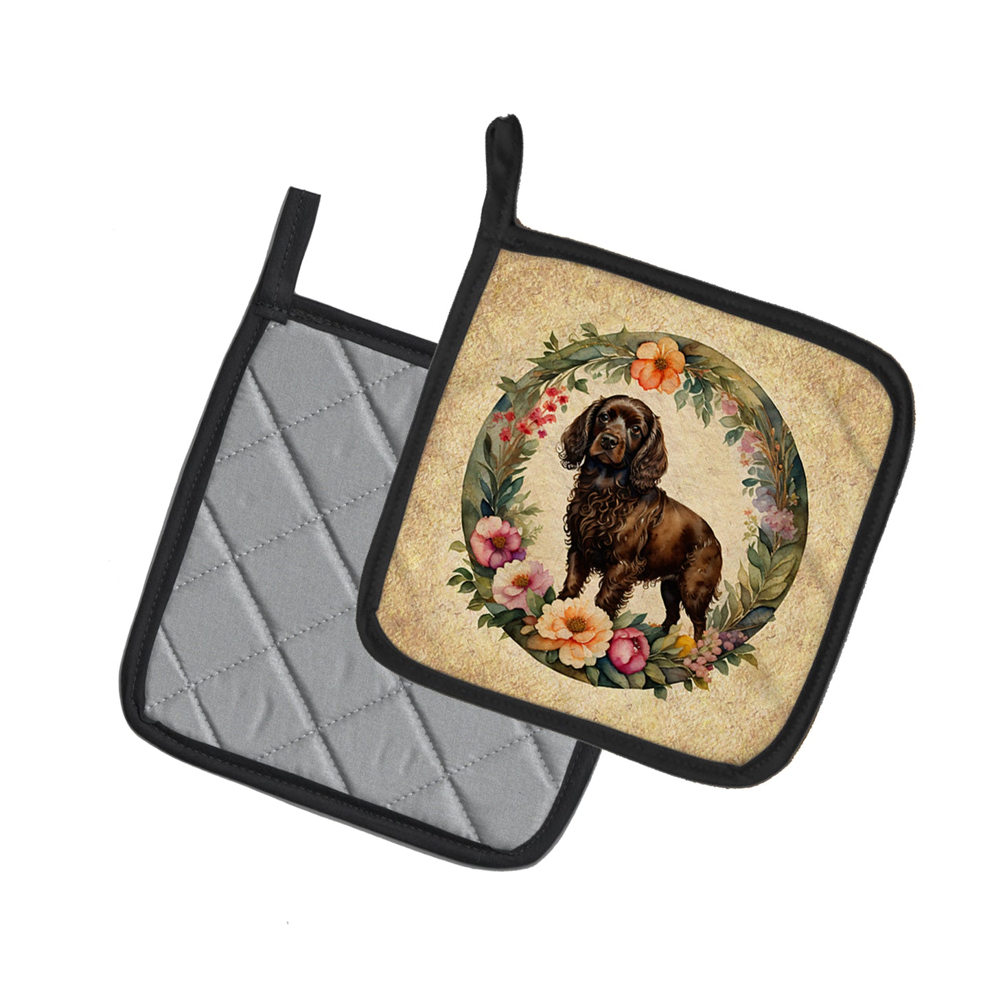 Boykin Spaniel and Flowers Pair of Pot Holders