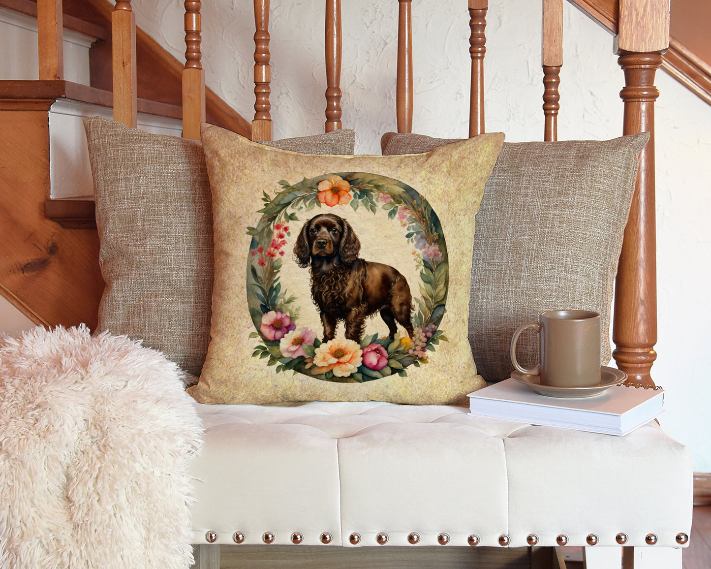 Boykin Spaniel and Flowers Throw Pillow