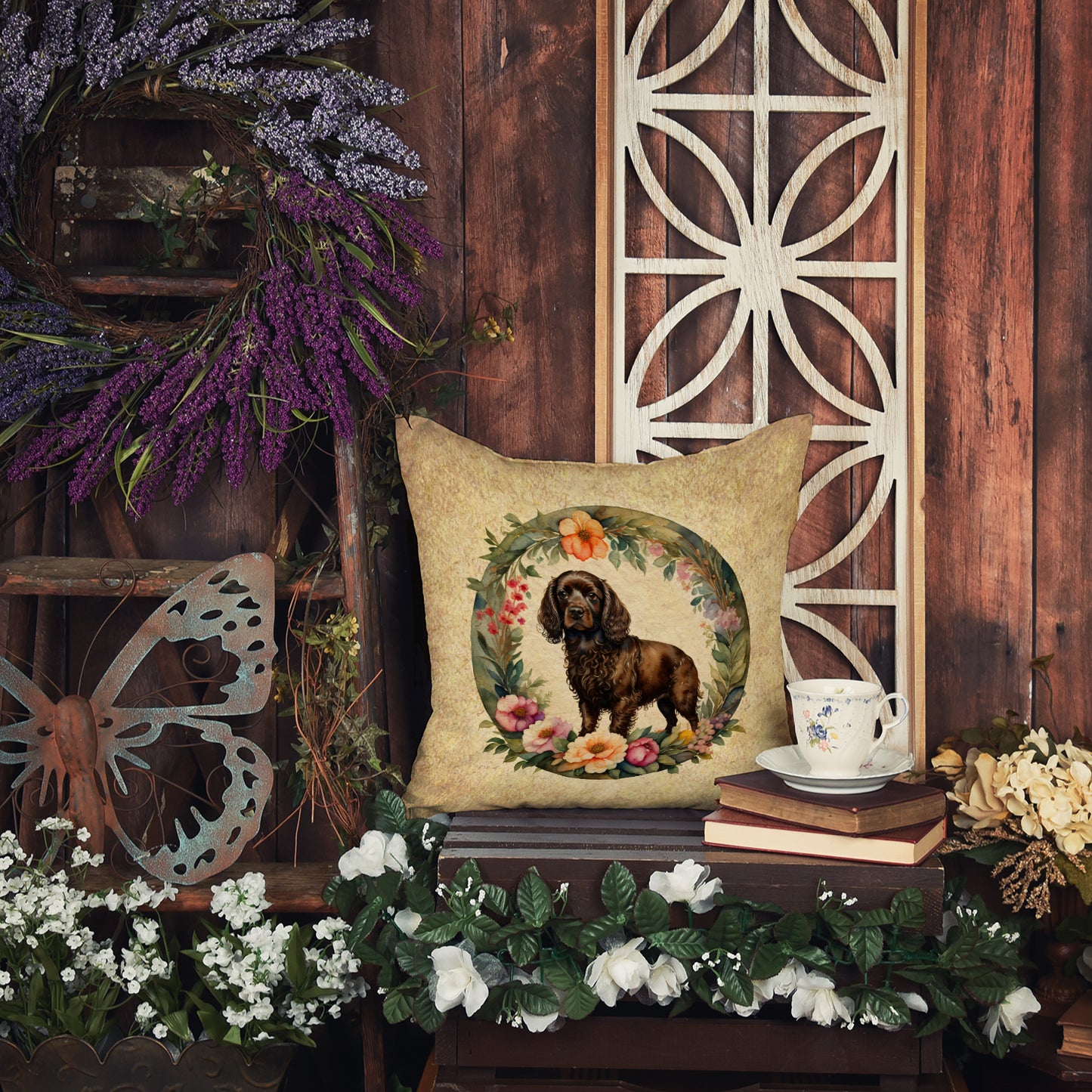 Boykin Spaniel and Flowers Throw Pillow