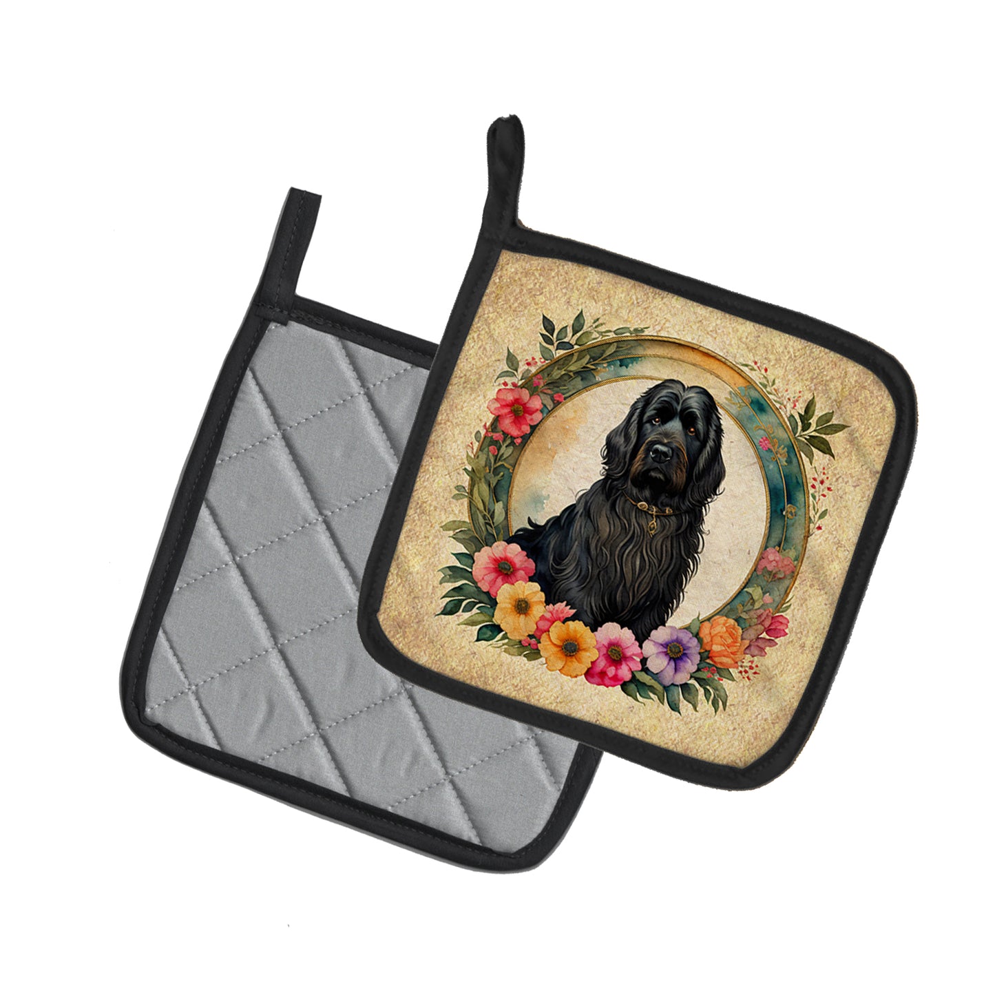 Briard and Flowers Pair of Pot Holders