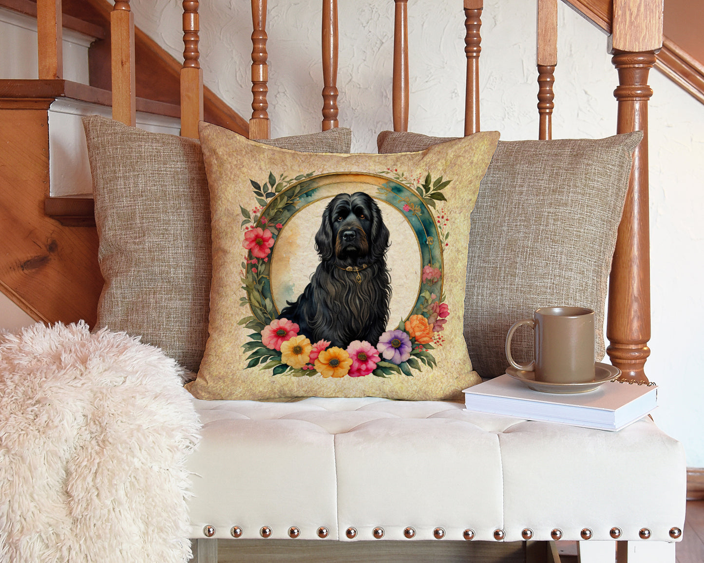 Briard and Flowers Throw Pillow