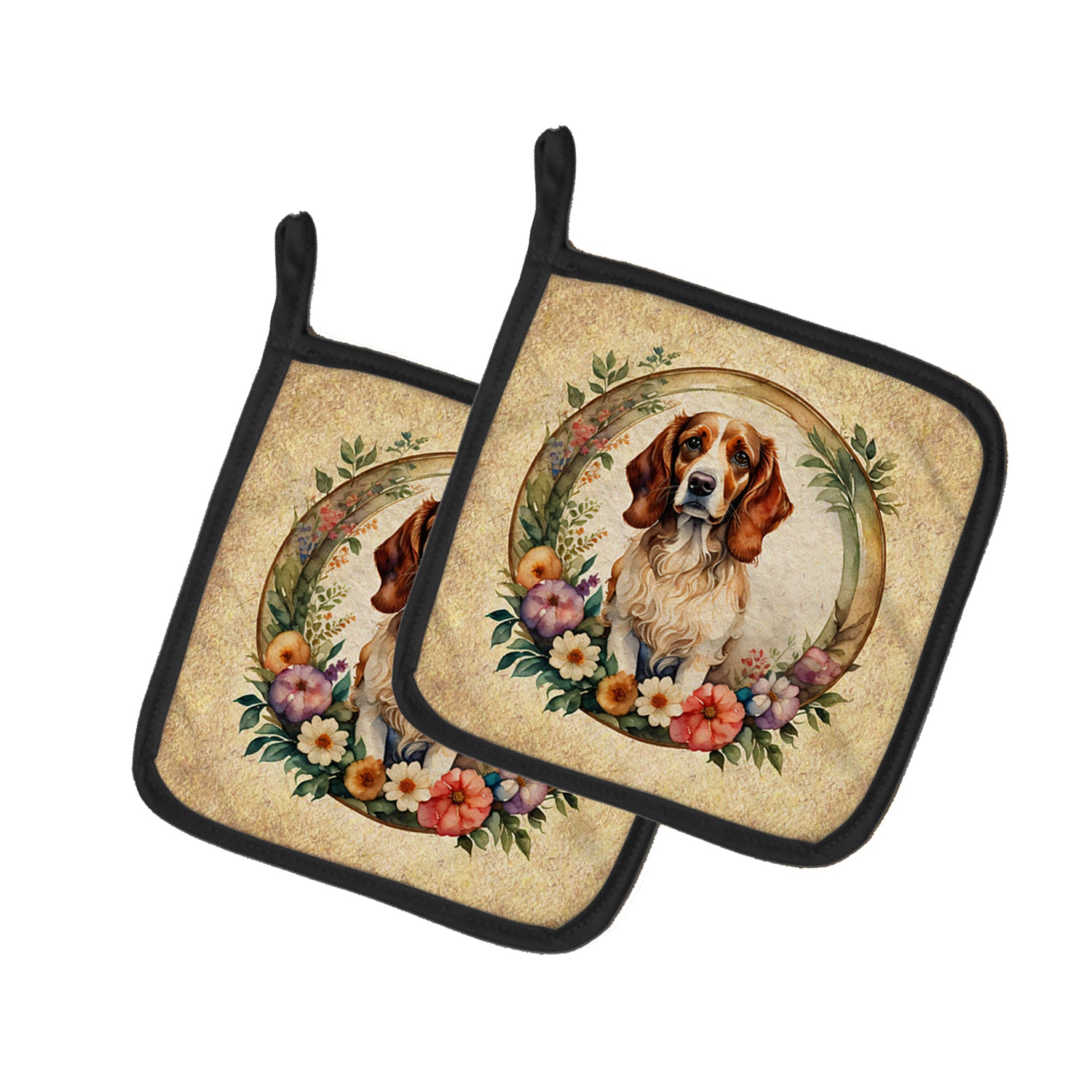 Buy this Brittany Spaniel and Flowers Pair of Pot Holders