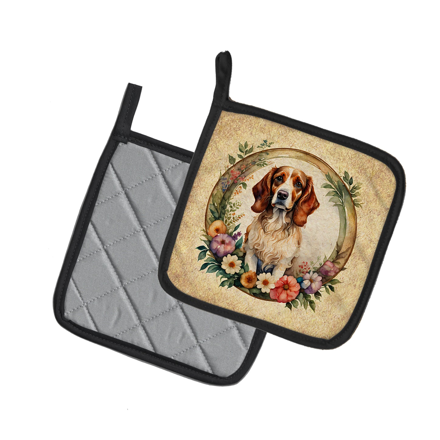 Brittany Spaniel and Flowers Pair of Pot Holders