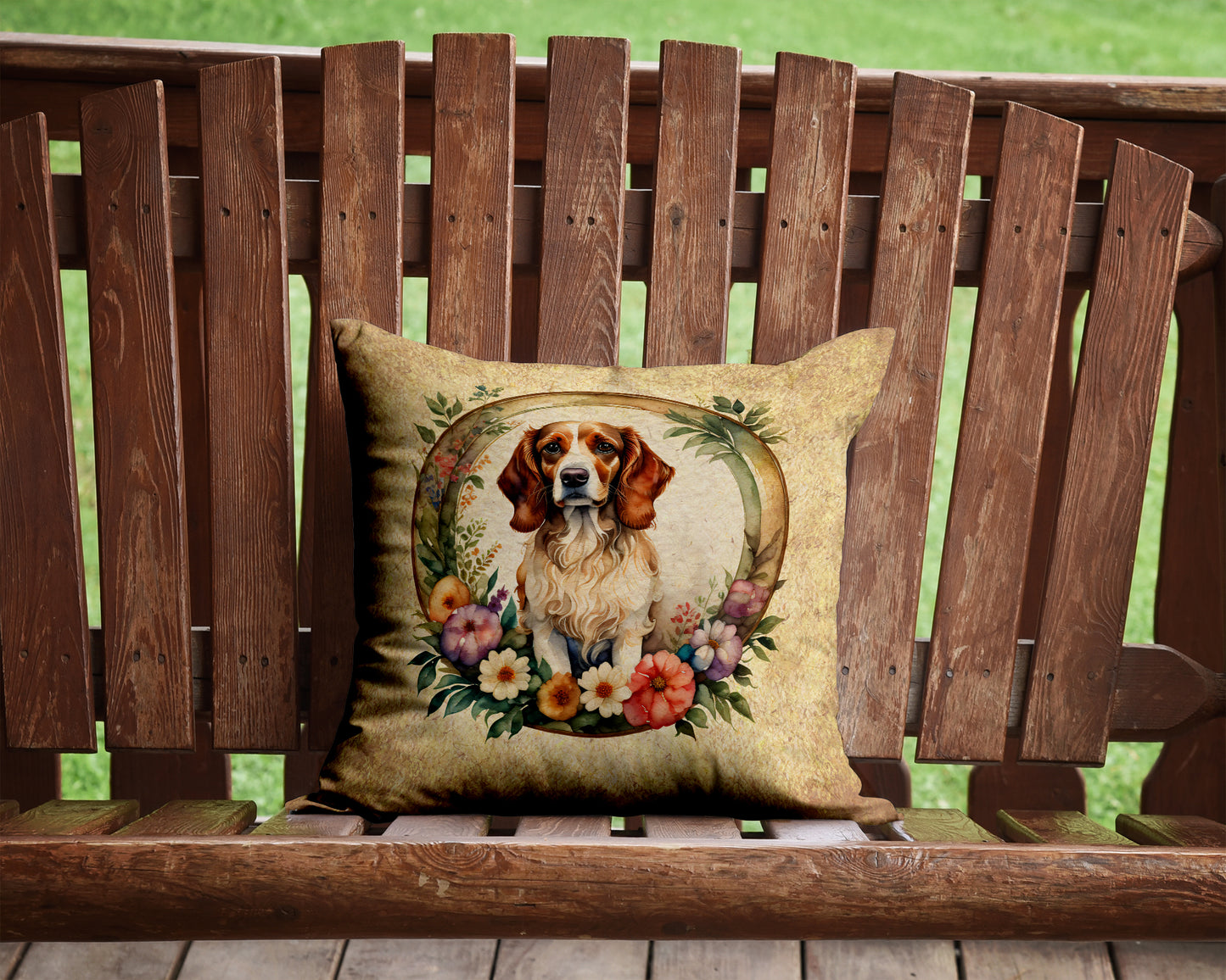 Brittany Spaniel and Flowers Throw Pillow